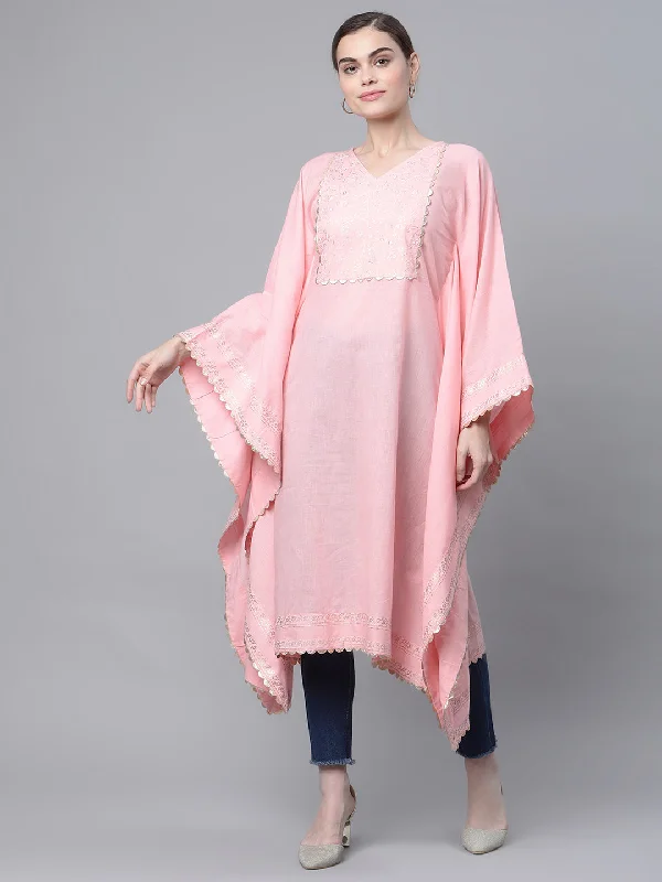 Women's Light Pink Cotton Printed Flared Sleeve Kaftan Kurta By Ahalyaa- 1Pc